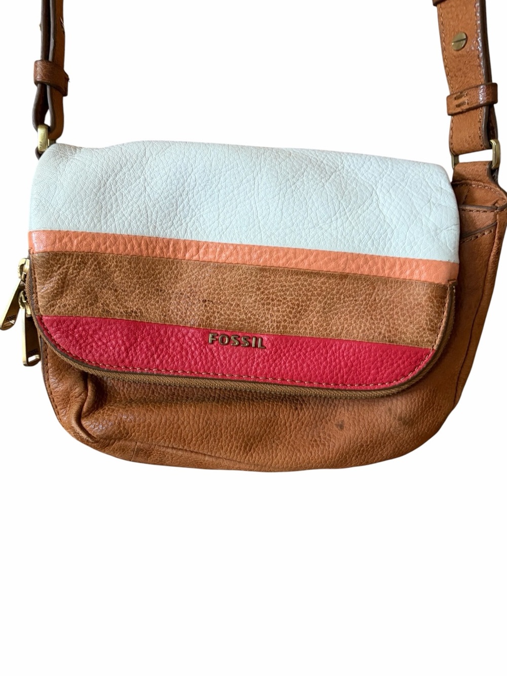 Fossil Preston Small Flap Crossbody Leather Bag Pink Red Brown Ivory Striped